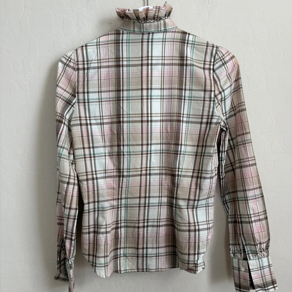 Ralph Lauren Ruffle Collared Button Down Beige Pink Plaid Blouse Petite - Picture 2 of 8